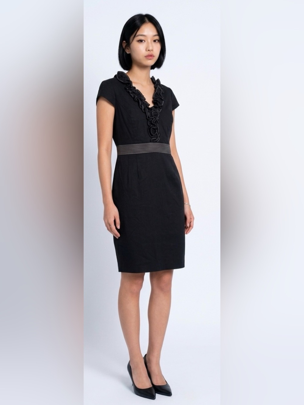 Black Ruffle V-Neck Cap Sleeve Dress